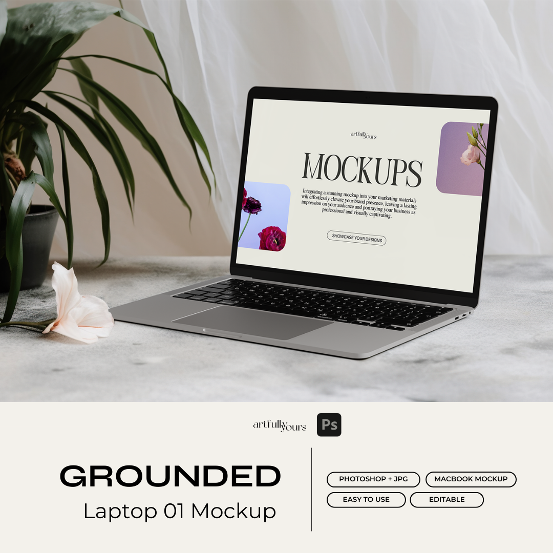 Grounded Laptop 1 Macbook Mockup PSD For Creatives & Brands